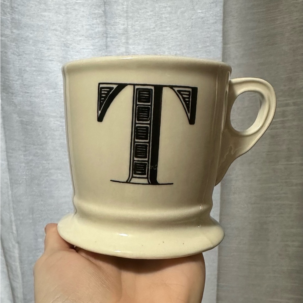 Anthropologie White and Black Letter T Initial Coffee Mug